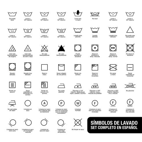 Komplett uppsättning tvättesymboler. Skriven på spanska. vektor