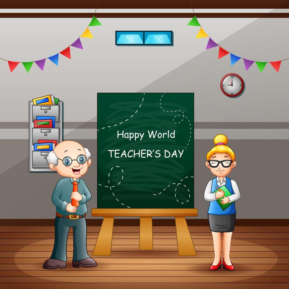 Happy World Teacher's Day Text auf Tafel mit Lehrern im Klassenzimmer vektor
