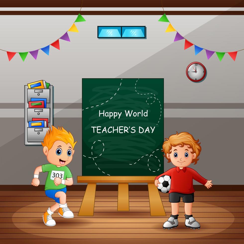 glad lärarens dag text på svarta tavlan med barn i klassrummet vektor