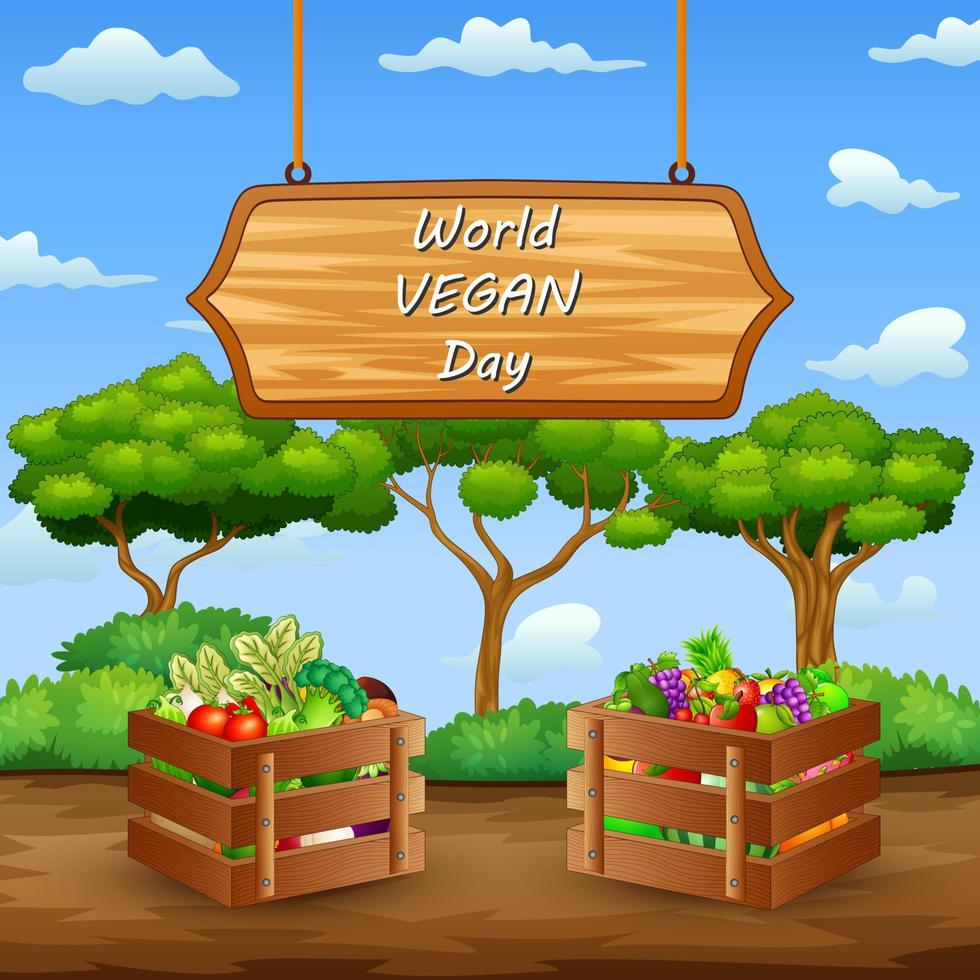 Happy World Vegan Day mit Gemüse in Holzkiste vektor