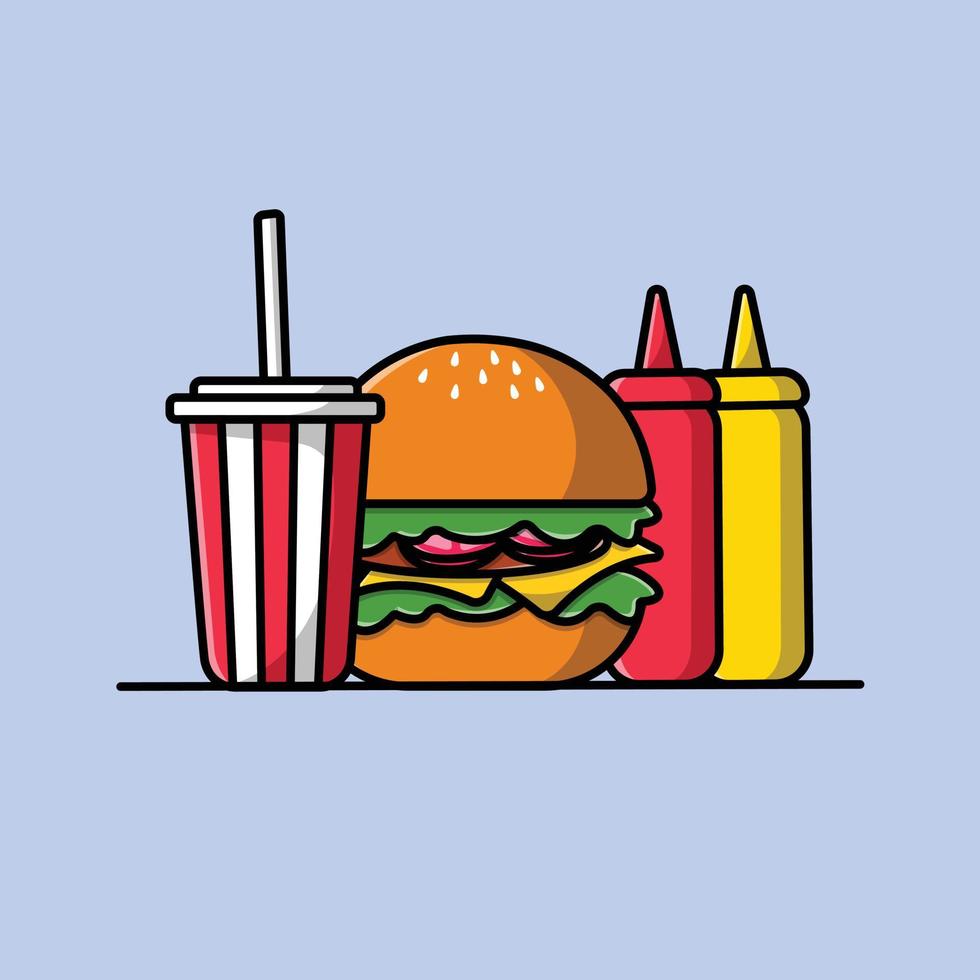 sodagetränk mit burger- und saucenflaschenkarikaturvektor-symbolillustration. essen und trinken icon konzept isoliert premium vektor. flacher Cartoon-Stil vektor