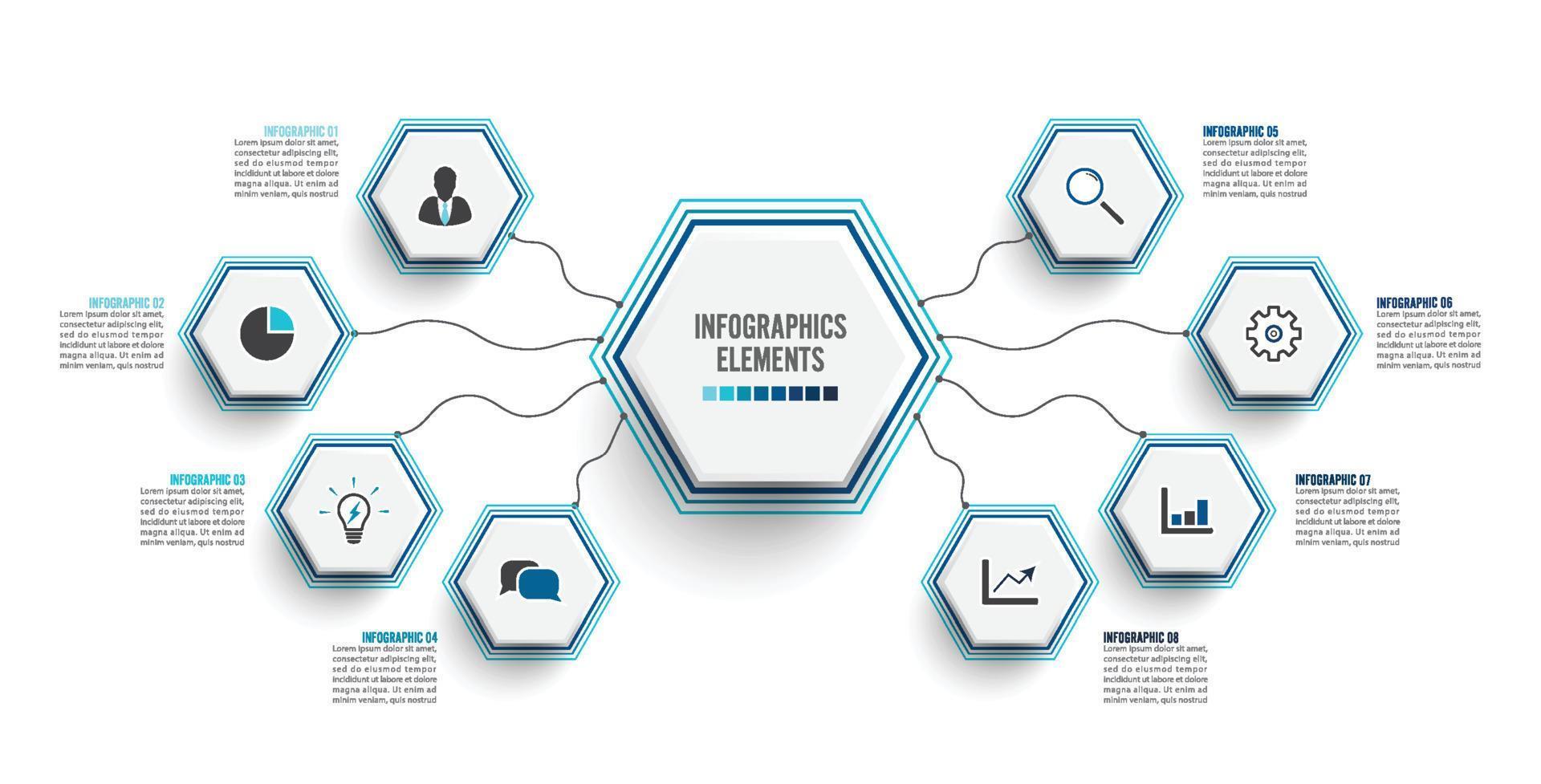 Vektor-Infografik-Vorlage mit 3D-Papieretikett, integrierte Kreise. Geschäftskonzept mit 8 Optionen. für Inhalt, Diagramm, Flussdiagramm, Schritte, Teile, Zeitleisten-Infografiken, Workflow, Diagramm. vektor