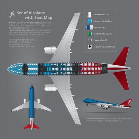 Set av flygplan landning med plats karta isolerad vektor illustration