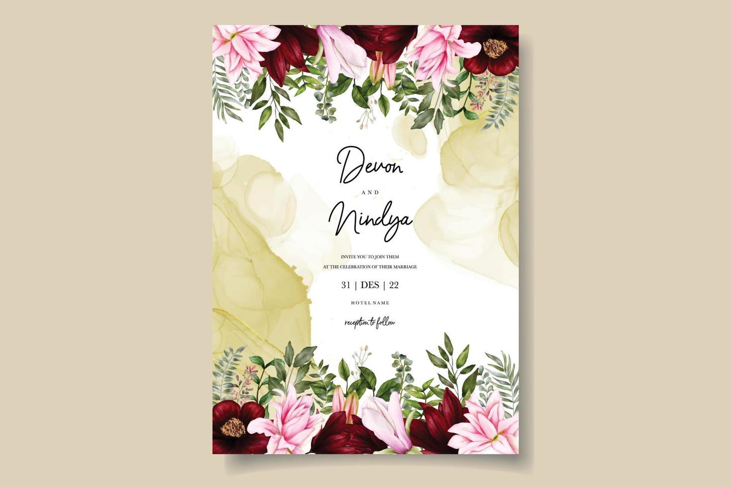 vackert bröllopsinbjudningskort med vinröd blomdekoration vektor