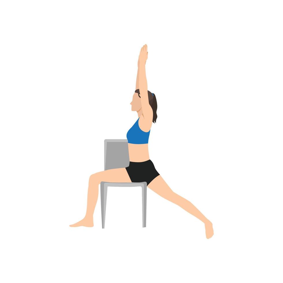 kvinna gör stol krigare jag. virabhadrasana övning. platt vektorillustration isolerad på vit bakgrund vektor