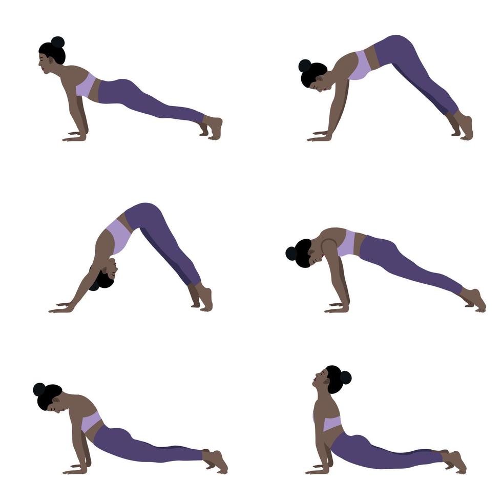 svart flicka i olika yogaställningar isolerad på vit bakgrund, platt vektor