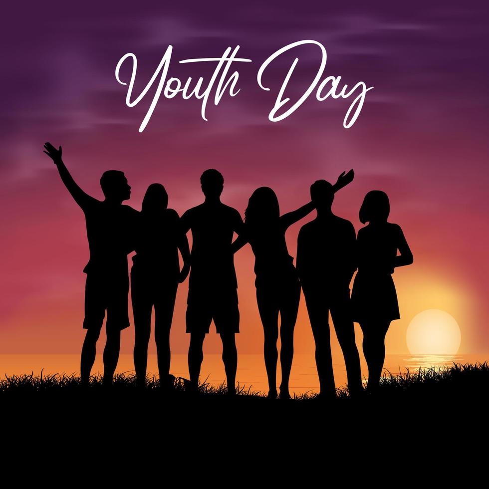 firande internationella ungdomsdagen design med solnedgång bakgrund. internationella ungdomsdagen bakgrund vektor. vektor