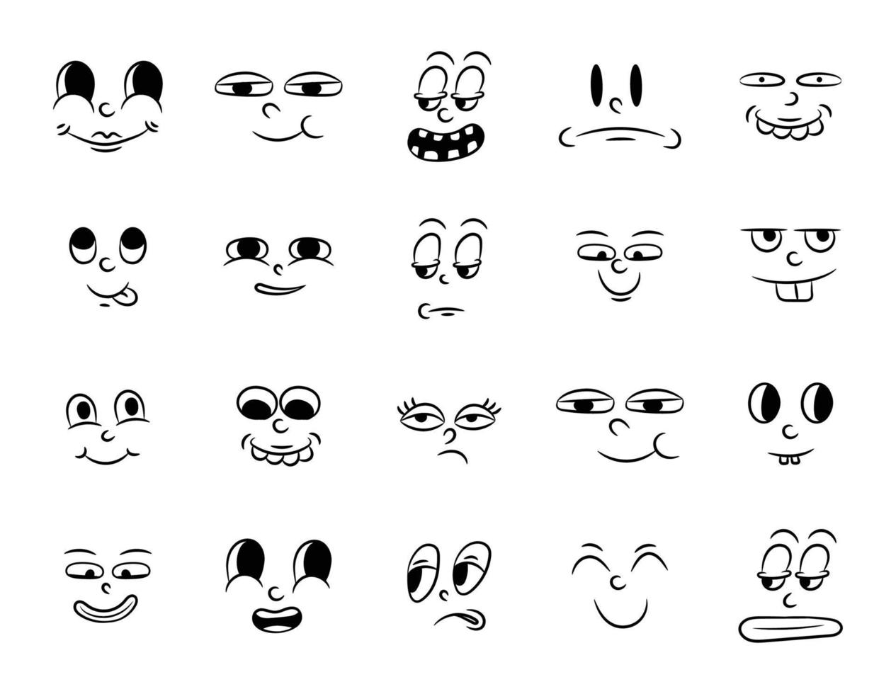 Sammlung alter traditioneller Retro-Zeichentrickanimationen. Vintage Gesichter von Menschen mit unterschiedlichen Emotionen der 20er 30er Jahre. Emoji-Zeichenausdrücke 50er 60er Jahre. kopfgesichter designelemente im comic-stil vektor