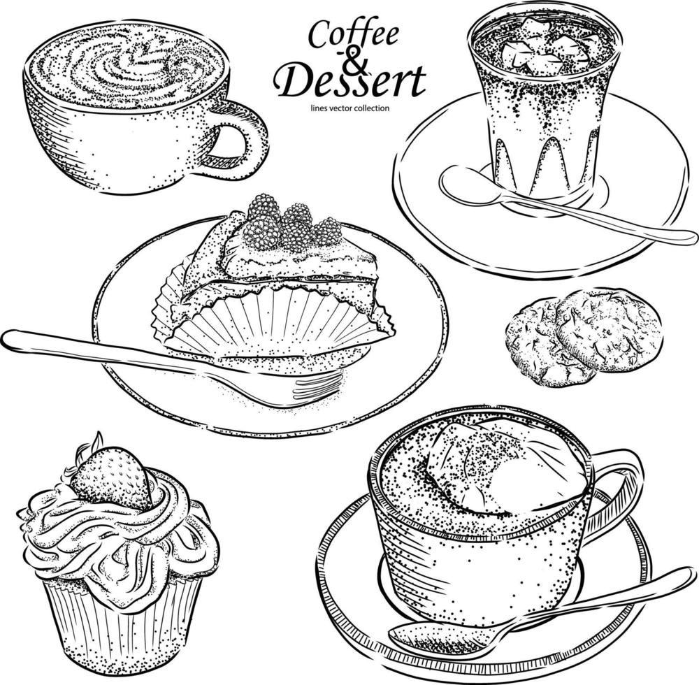 kaffee- und dessertzeichnungssatz, vektorillustration vektor