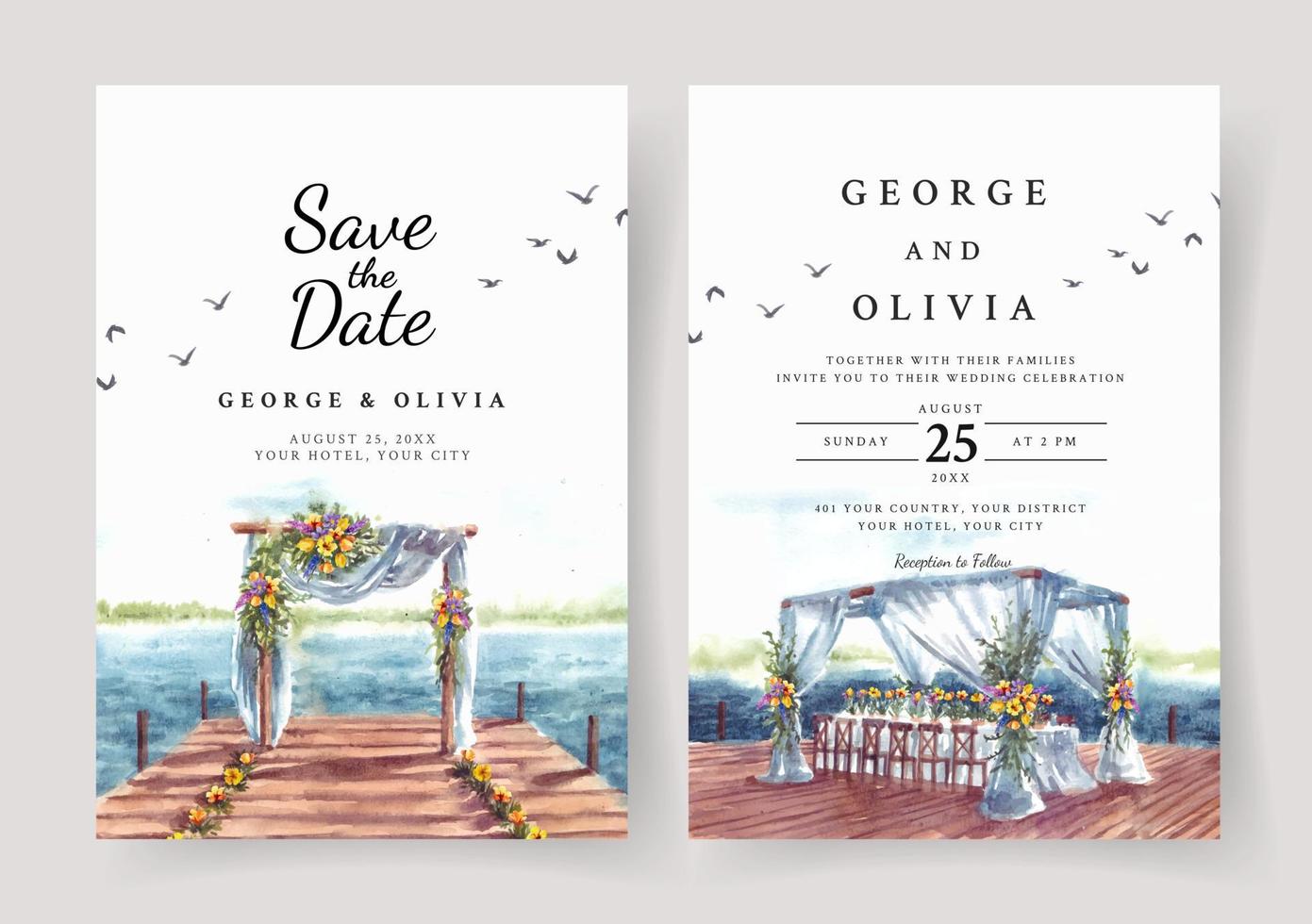 bröllopsinbjudan av naturlandskap med bröllopsport på bryggan och sjöutsikt akvarell vektor