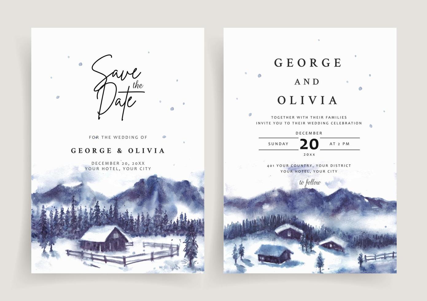 bröllopsinbjudan uppsättning av vinterlandskap med hus och isiga berg akvarell vektor