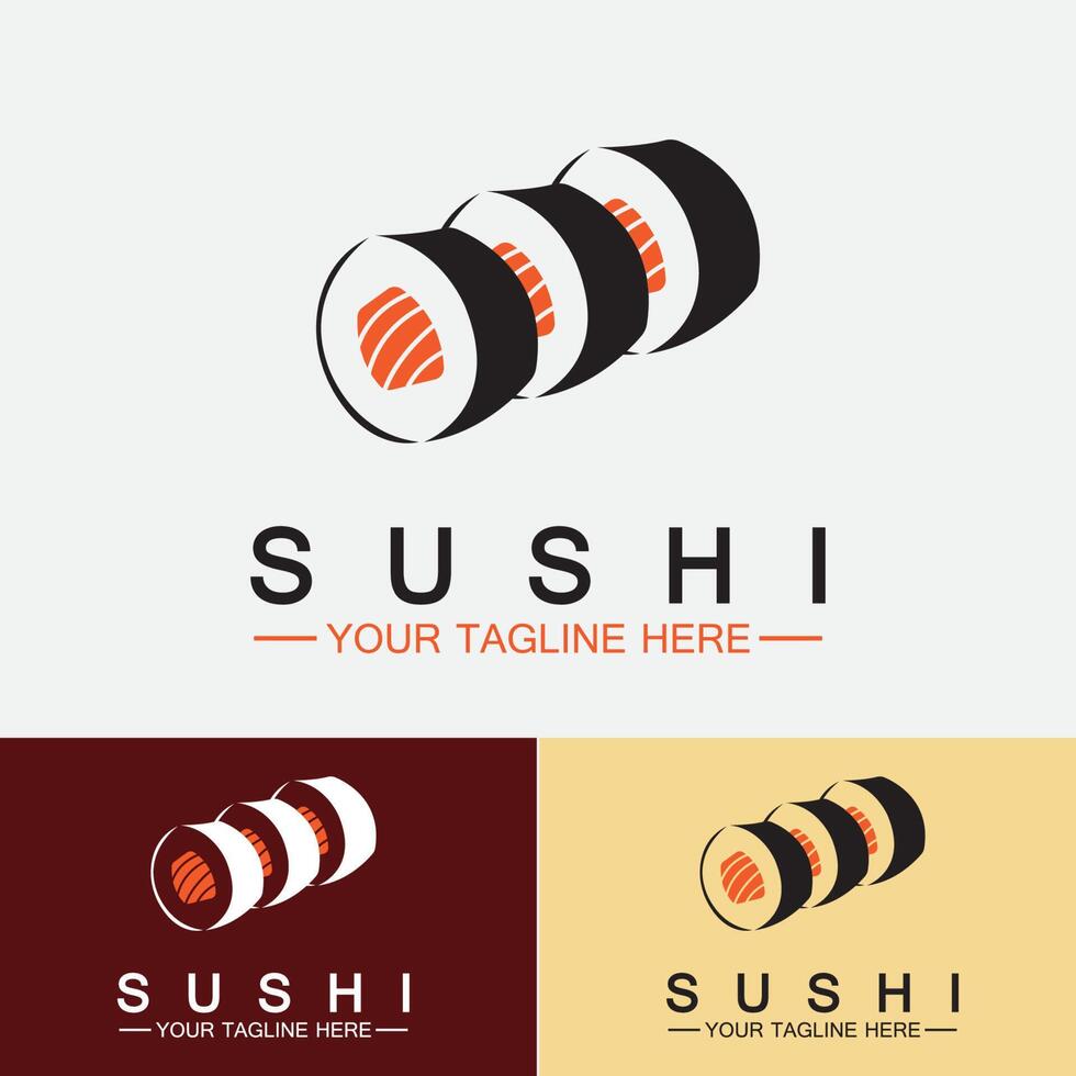 sushi logotyp mall. vektor ikon stil illustration bar eller butik, sushi, lax rulle, sushi och rullar med ätpinne bar eller restaurang vektor logotyp mall