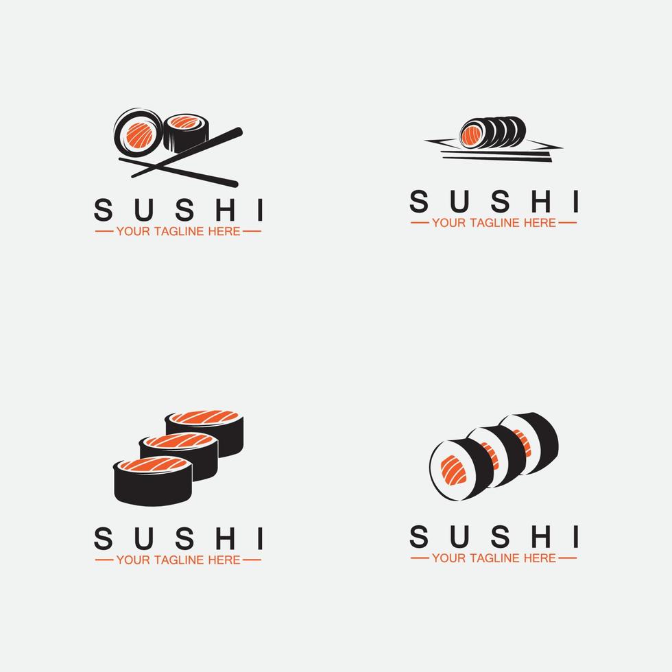 set sushi logotyp mall. vektor ikon stil illustration bar eller butik, sushi, lax rulle, sushi och rullar med ätpinne bar eller restaurang vektor logotyp mall