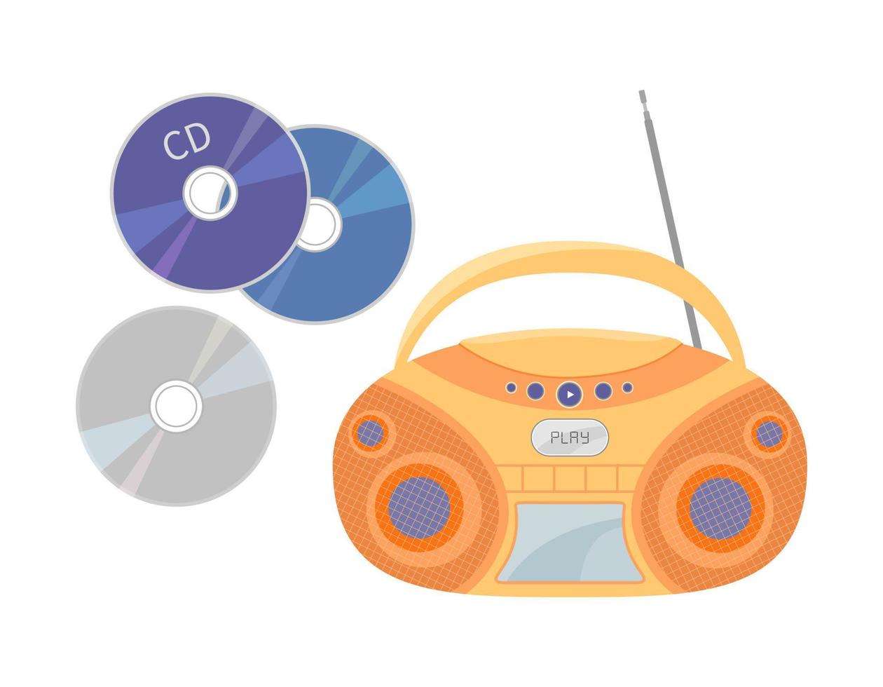cd-inspelare isolerade och cd-skivor. 90-tal cd stereo boombox och skivor på vit bakgrund. mp3 musikspelare. vektor platt retro illustration