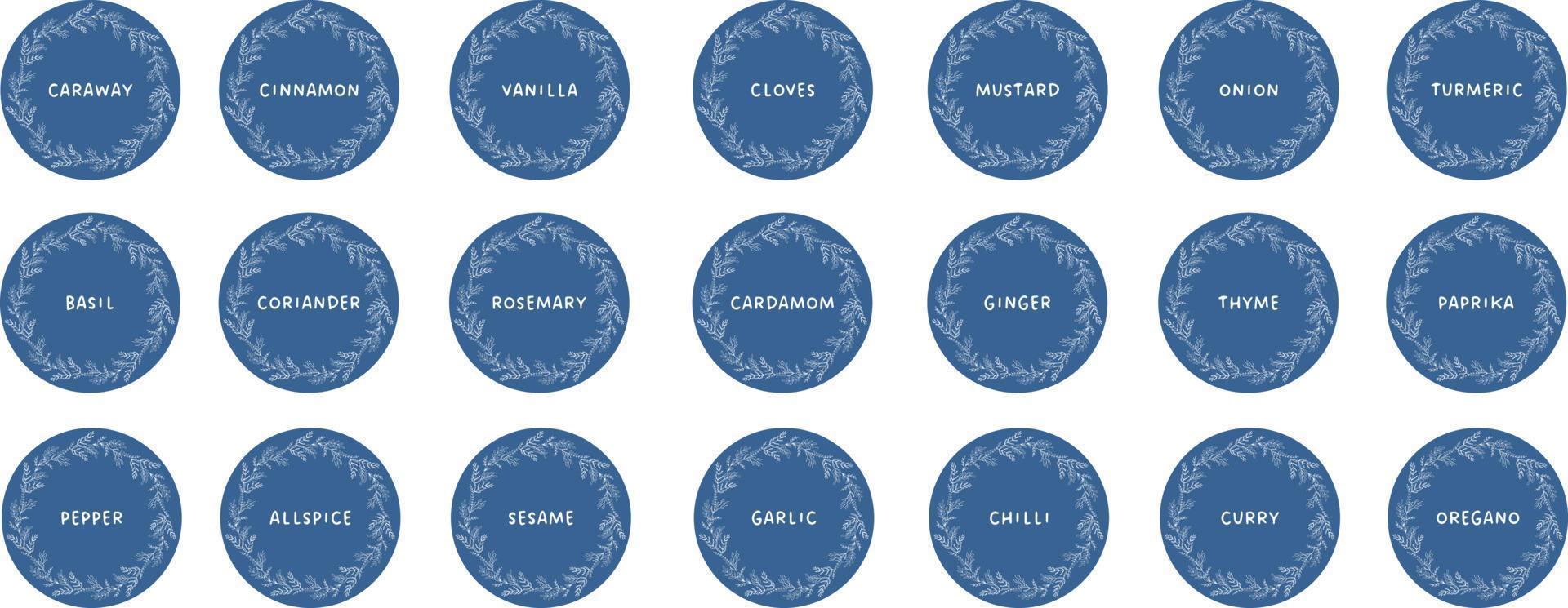 vektor set isolerade matetiketter eller klistermärken. använd för att märka köksmatbehållare med kryddor. etiketter, klistermärken, hemgjorda klistermärken, botanisk ram och kryddnamn på engelska