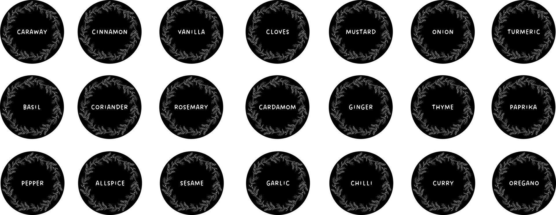 vektorsatz isolierte lebensmitteletiketten oder aufkleber. Zum Etikettieren von Lebensmittelbehältern in der Küche mit Gewürzen. etiketten, aufkleber, selbstgemachte aufkleber, botanischer rahmen und gewürzname in englisch vektor