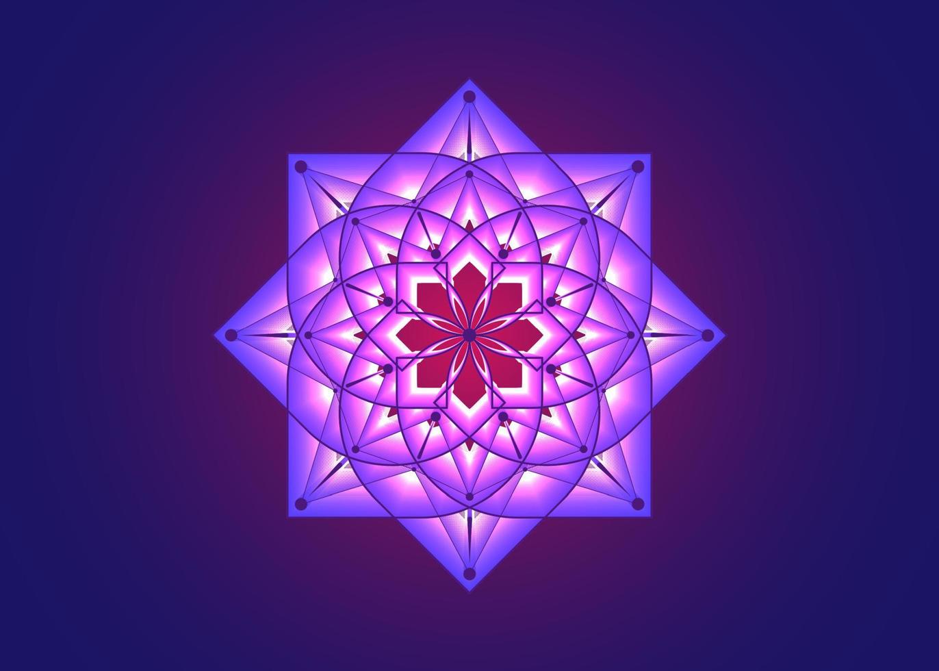 lila lotusblomma mandala, livsfrö symbol helig geometri. logotyp ikon geometriska mystiska mandala av alkemi esoterisk blomma. vektor ljus neon stil gudomlig meditativ amulett isolerad på blått