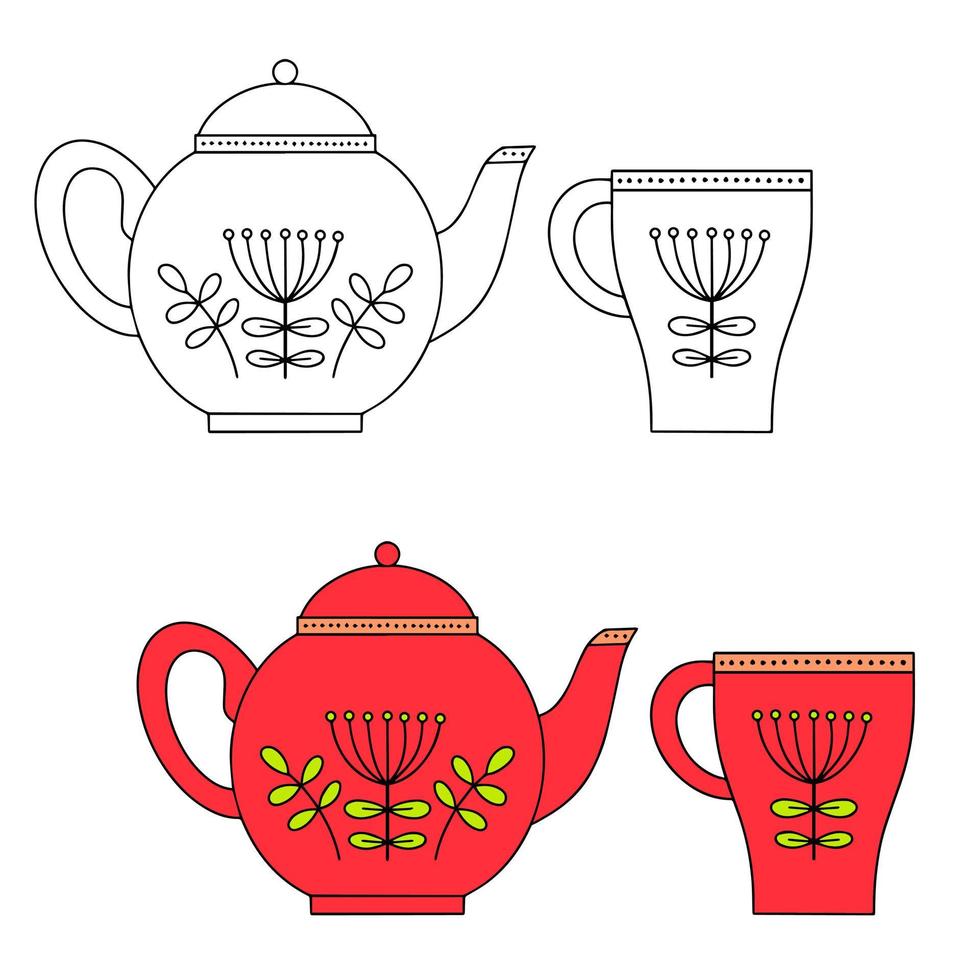 leuchtend rote Teekanne und Tasse aus Keramik. Farbe und lineare Zeichnung auf weißem Hintergrund vektor