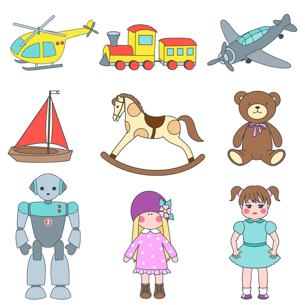 Set aus Kinderspielzeug Hubschrauber, Flugzeug, Zug, Teddybär, Puppen und Holzpferd. vektor