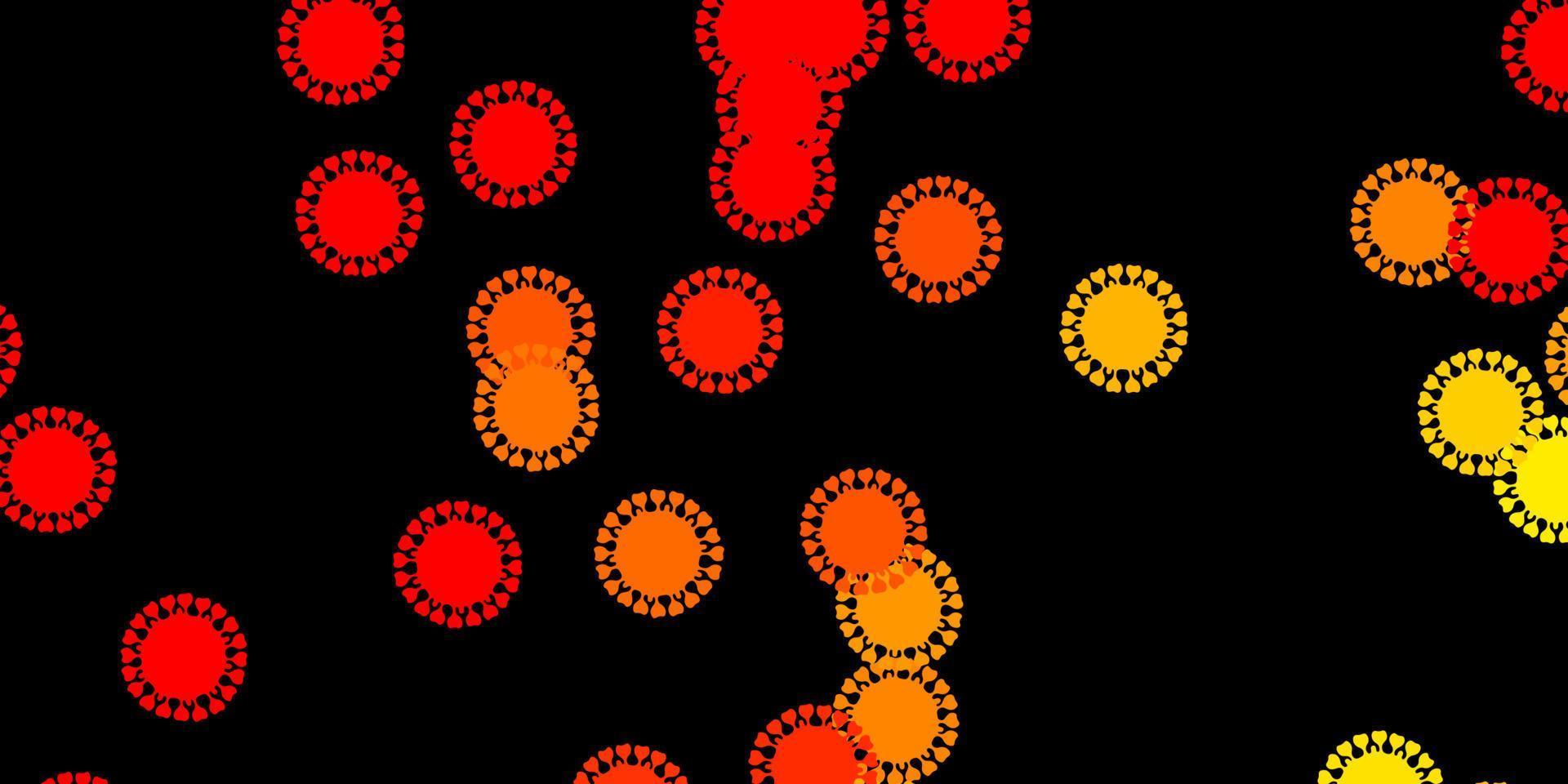 dunkelroter, gelber Vektorhintergrund mit Virensymbolen. vektor