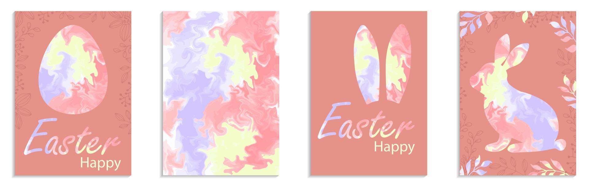 glad påsk. kanin, ägg, siluett marmor mönster. uppsättning kort för banner, gratulationskort, inbjudningar. firande a4 mall. vektor illustration.