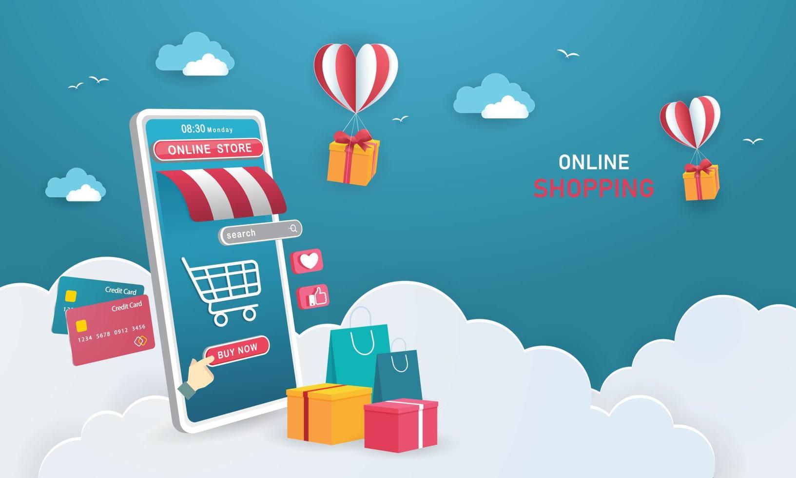 Online-Shopping-Shop auf der Website, E-Commerce- oder Mobiltelefonanwendungen und digitale Marketingförderung. Online-Shop-Ansicht mit Geschenkbox, Einkaufswagen und Kreditkarten. Vektor-Illustration. vektor