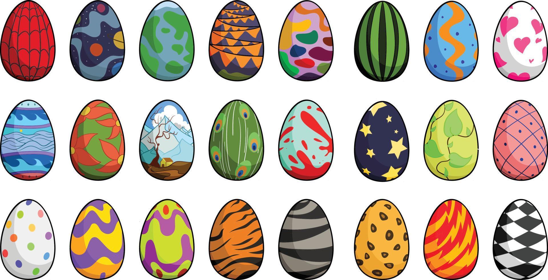 Fröhliche Ostereier Packung mit 24 Vektorillustrationen zur Feier der farbenfrohen Festtage. niedliche Osterhasen-Eier-Grafikpaket auf weißem Hintergrund vektor