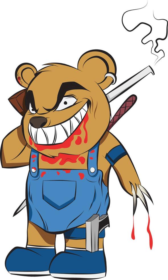 Killer-Teddybär, der mit Blut bedeckt ist und Halloween feiert. Böses Spielzeug für Kinder, um ihnen Angst und Albträume zu bereiten. karikaturart lokalisierte halloween-illustration. vektor