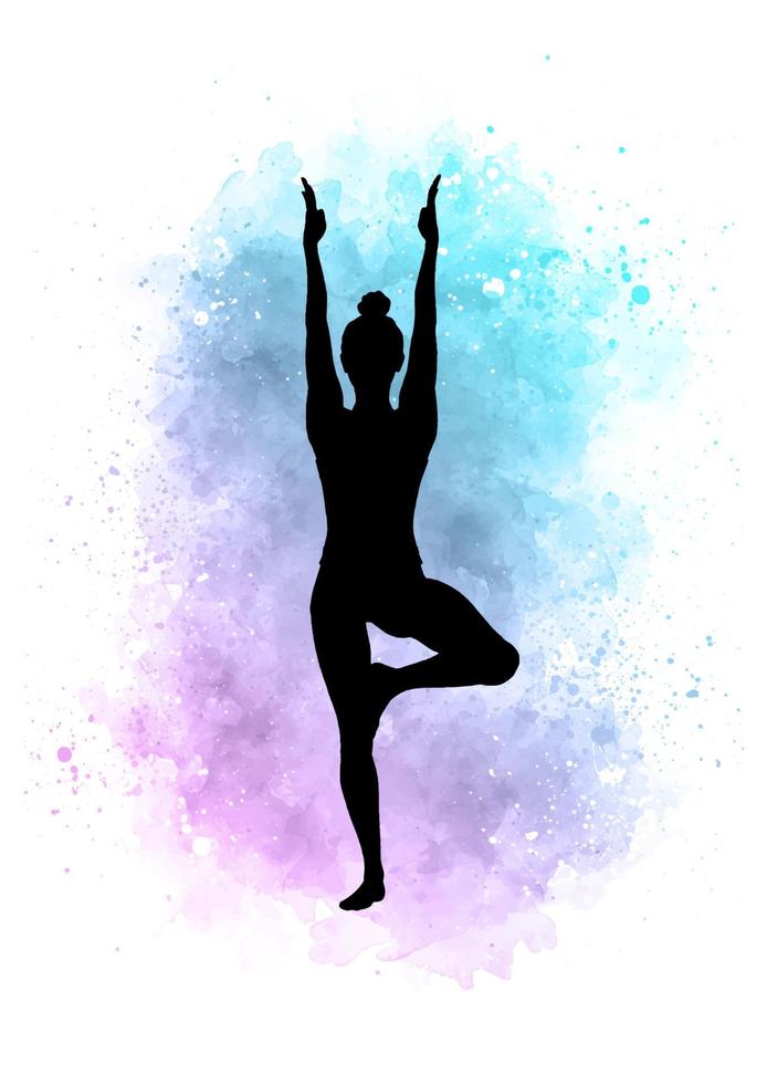 siluett av en kvinna i yogaställning på en akvarellbakgrund vektor