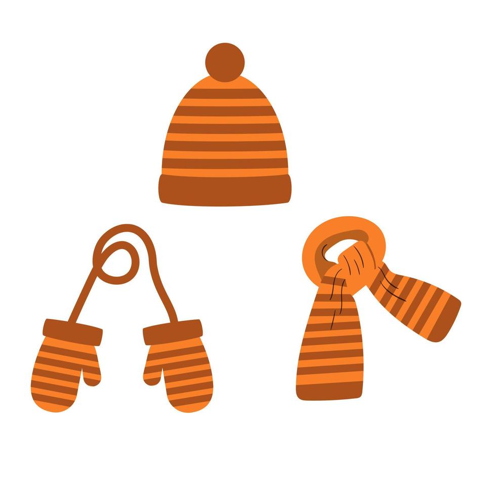 Set aus Mütze, Schal, orange gestreiften Fäustlingen, Winter vektor