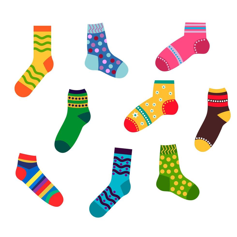 eine Reihe bunter Socken mit verschiedenen Mustern. vektor