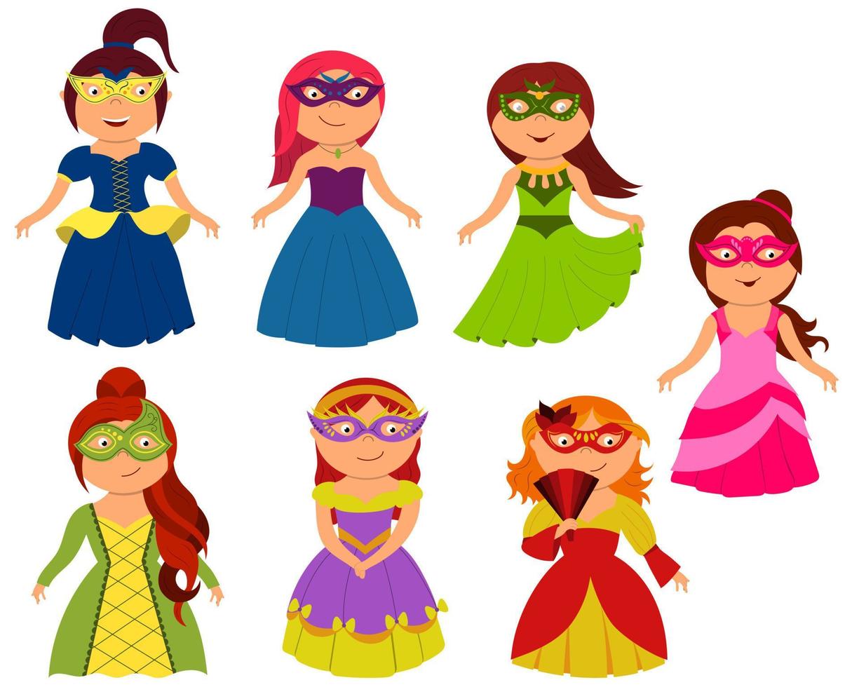 små flickor i prinsessdräkt i maskeradmask och maskeraddräkt. en uppsättning söta barn utklädda till kungligheter. vektor