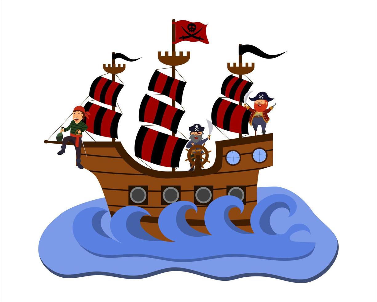 tecknad vektorillustration av pirater som seglar på ett fartyg, isolerad på en vit bakgrund. vektor