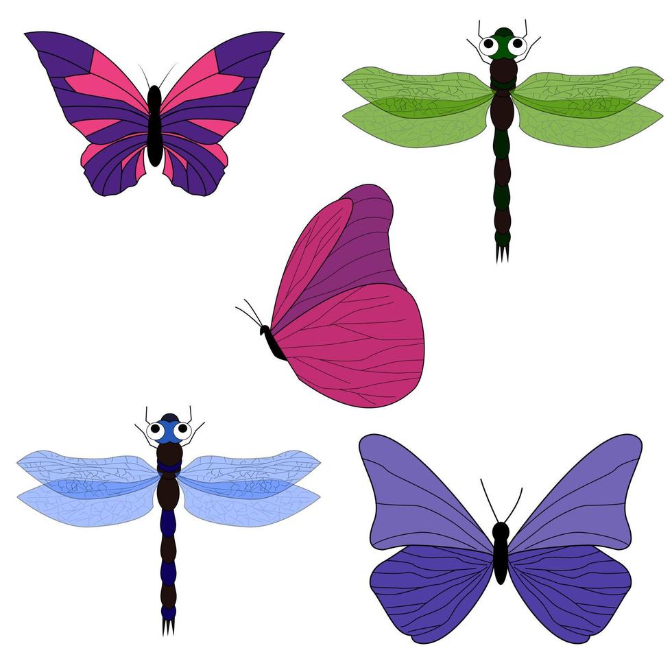 en uppsättning fjärilar och trollsländor. vektorn är isolerad på en vit bakgrund vektor