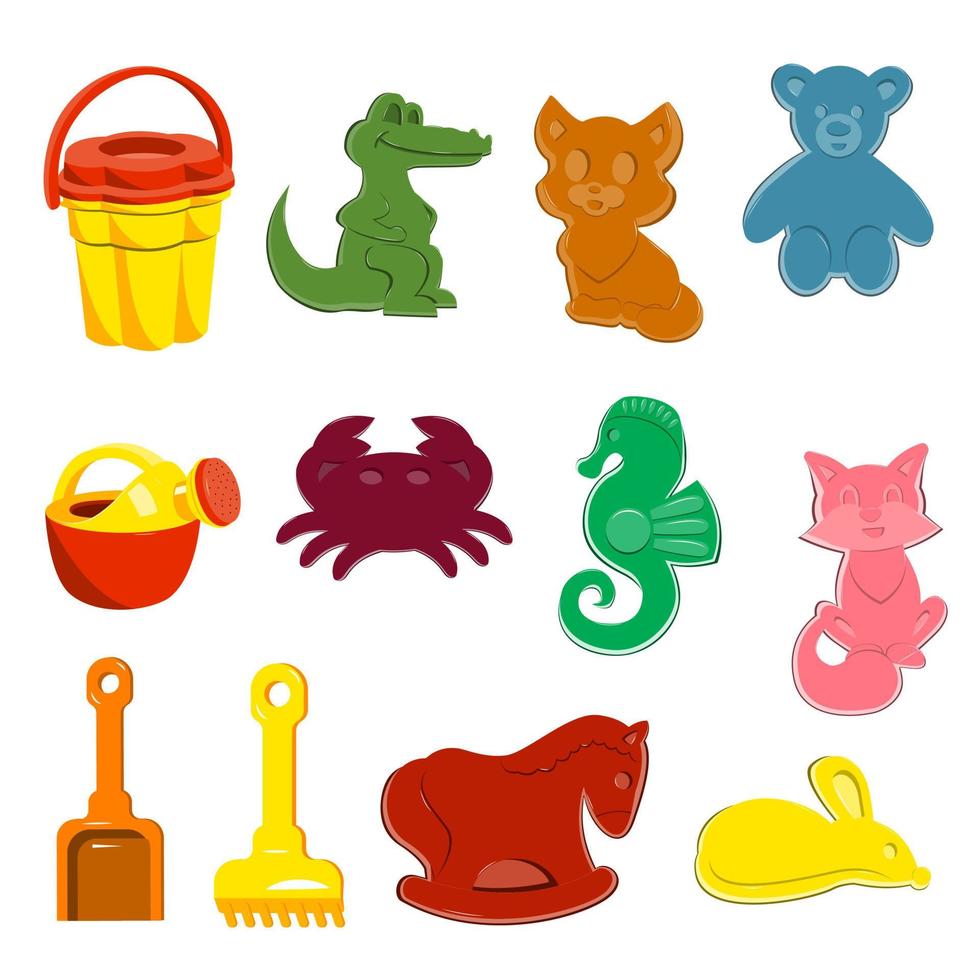 eine Reihe von Sandspielzeug. Tierformen, Eimer, Gießkanne, Schaufel, Rechen, Spielzeug für Kinder. Krokodil Katze Krabbe Maus Bär Seepferdchen Maus. vektor