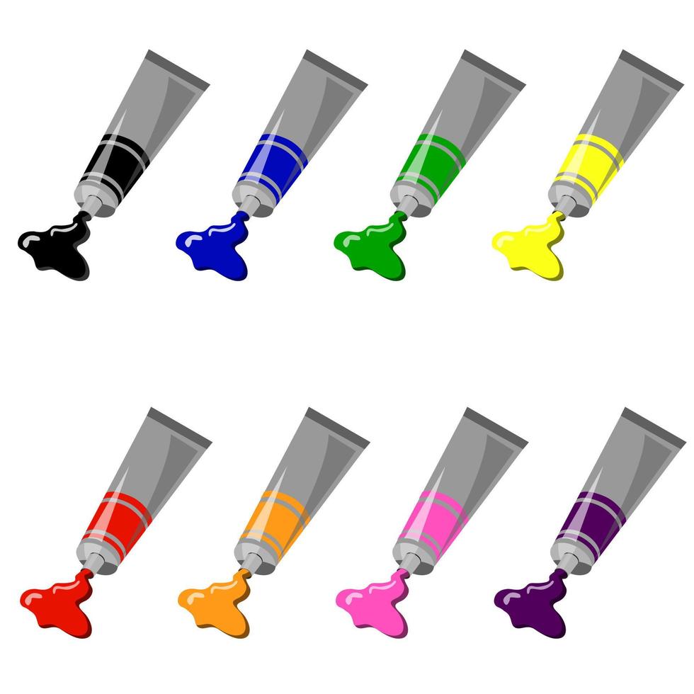 en uppsättning färgtuber i olika färger. svart, blå, gul, grön, röd, orange, rosa, lila. vektor