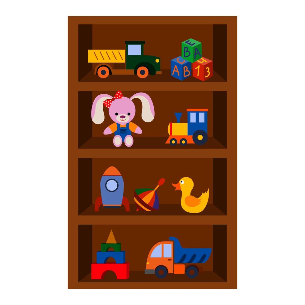 Verschiedene Spielzeuge auf einem Regal, ein Schrank mit Spielzeug, isoliert auf weißem Hintergrund. vektor