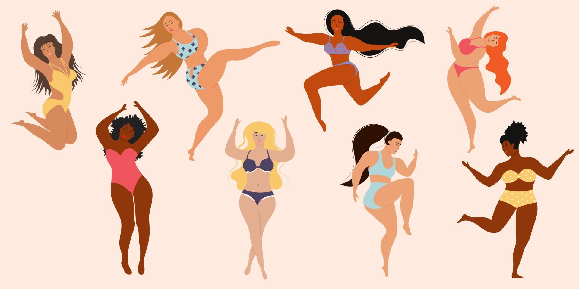 multiracial glada plus size kvinnor i baddräkt hoppar och dansar. kropp positiv, acceptans, feminism, fitness, sport koncept. vektor