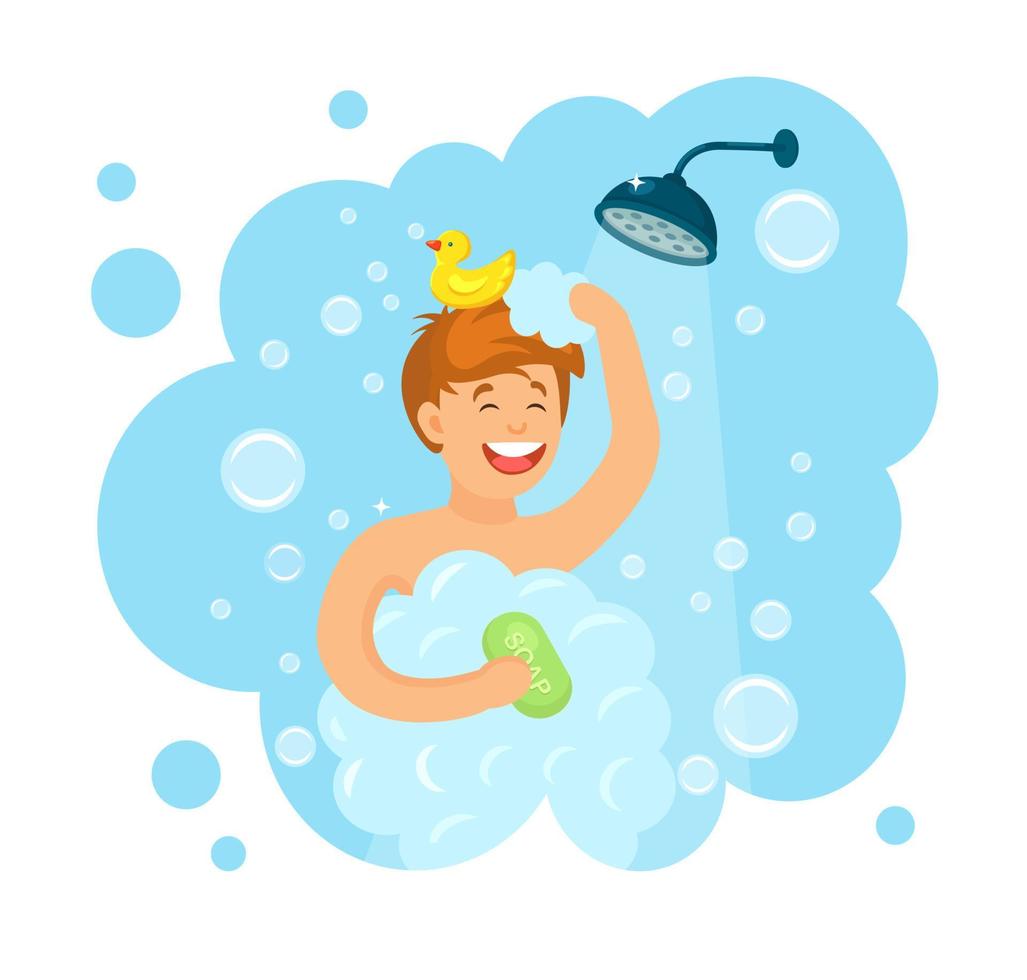 glücklicher mann, der mit gummiente im badezimmer duscht. Kopf, Haare, Körper, Haut mit Shampoo, Seife, Schwamm waschen. Hygiene, Alltag. Vektor-flaches Cartoon-Design vektor