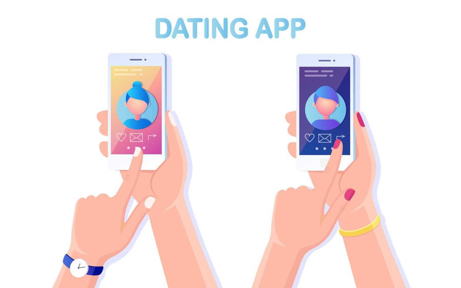 Hand halten Handy mit Dating-App-Profil auf dem Display. Bewerbung um Liebe zu finden. Website für Suchpaare. Vektor flaches Design