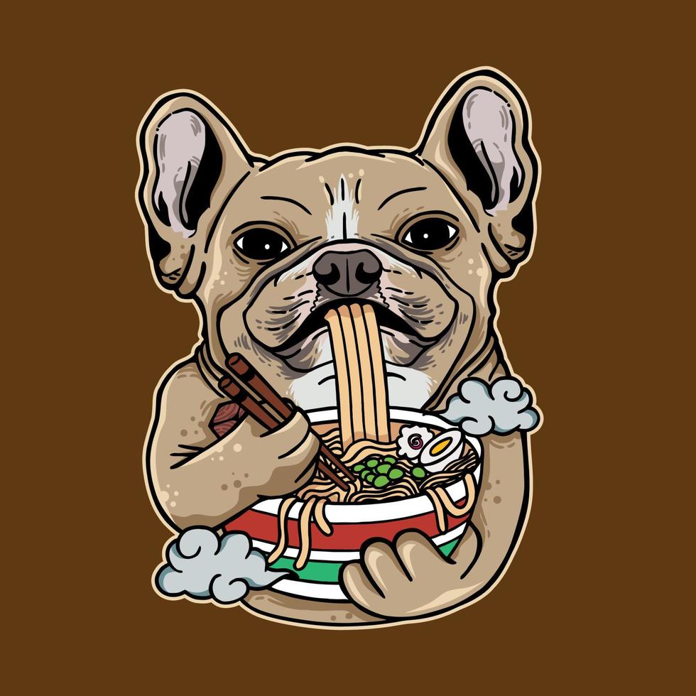 vektor illustration av fransk bulldog tecknad äter ramen nudel med vintage retro japanska i isolerade bakgrund. bra för logotyp, maskot, märke, emblem, banderoll, affisch, flygblad, sociala medier, skjorta