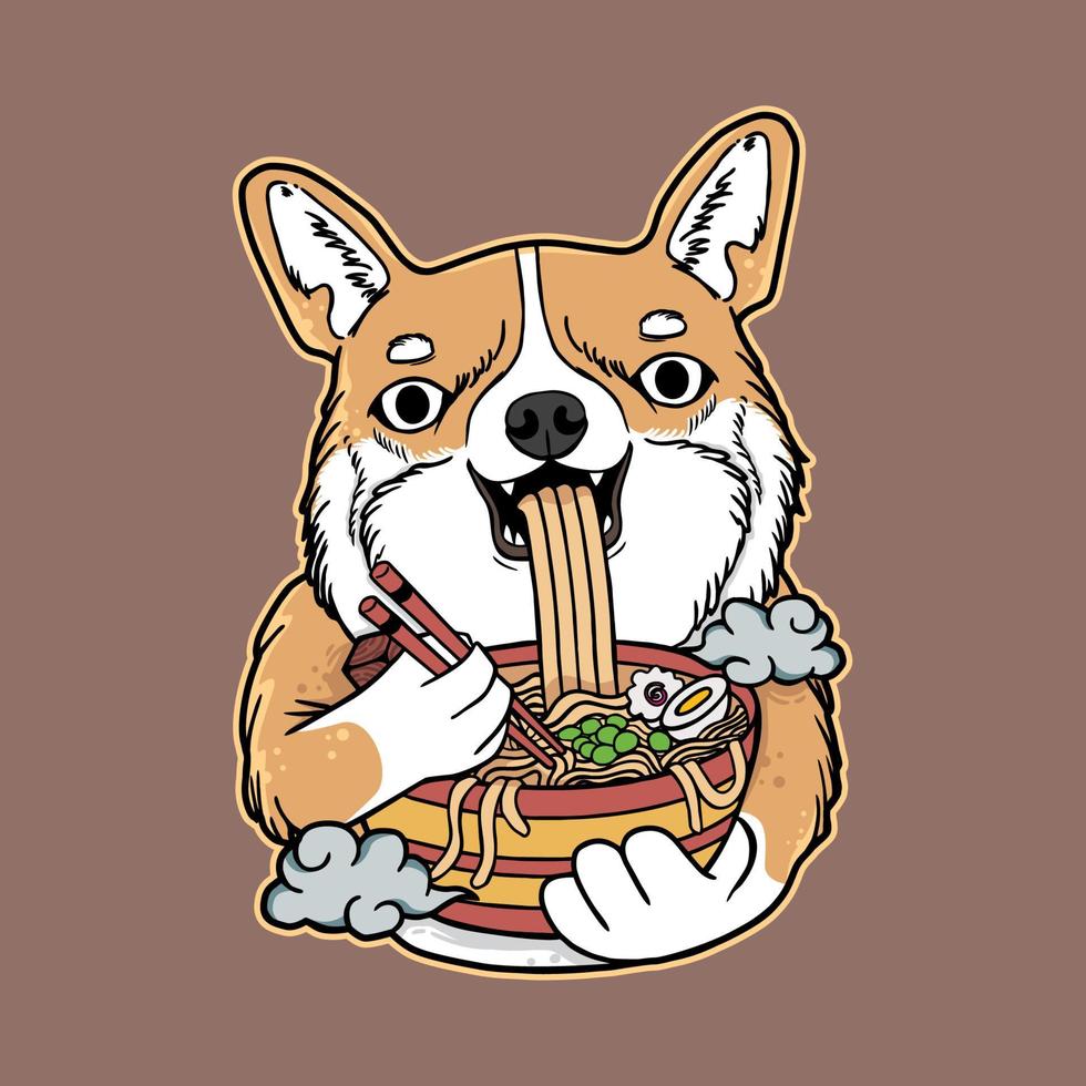 Vektorgrafik von Corgi-Hundekarikatur essen Ramen-Nudeln mit Retro-Japanern im isolierten Hintergrund. gut für logo, maskottchen, abzeichen, emblem, banner, plakat, flyer, soziale medien, hemd vektor