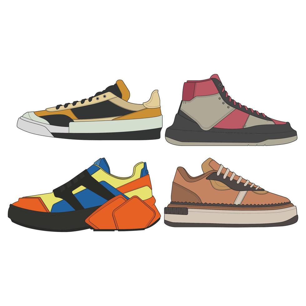 Satz coole Turnschuhe. Schuhe Sneaker Zeichnungsvektor, Turnschuhe in einem Skizzenstil gezeichnet, Sneaker-Trainer-Vorlage, Set-Kollektion. Vektor-Illustration. vektor