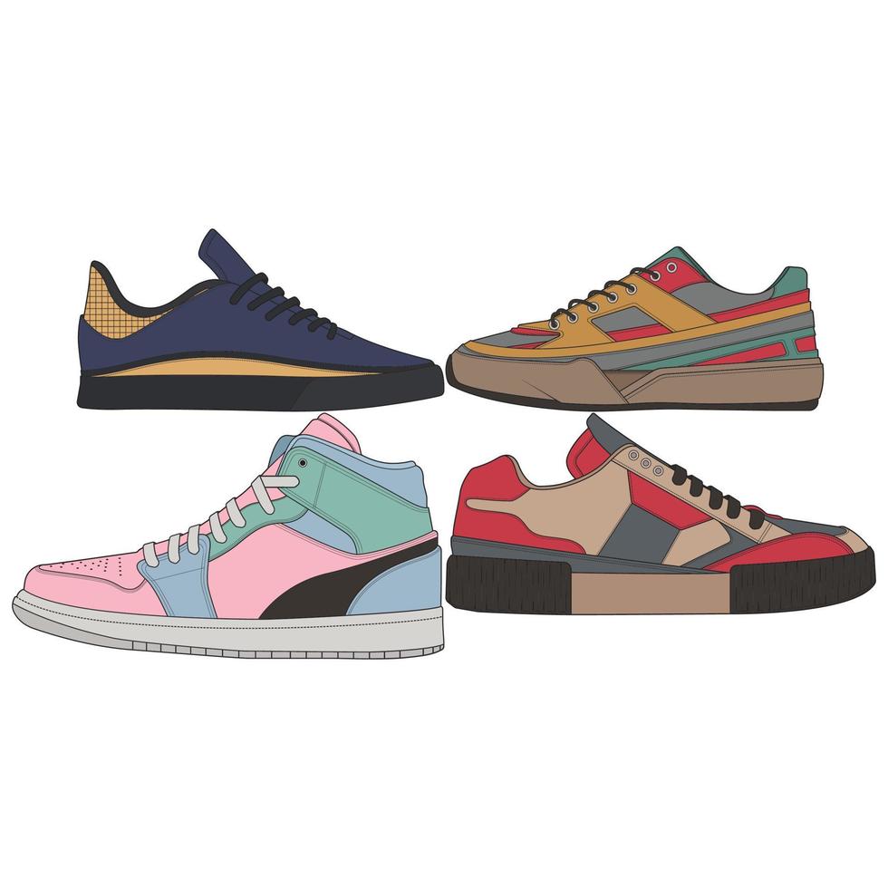 uppsättning coola sneakers. skor sneaker ritning vektor, sneakers ritade i en skiss stil, sneaker utbildare mall, uppsättning samling. vektor illustration.