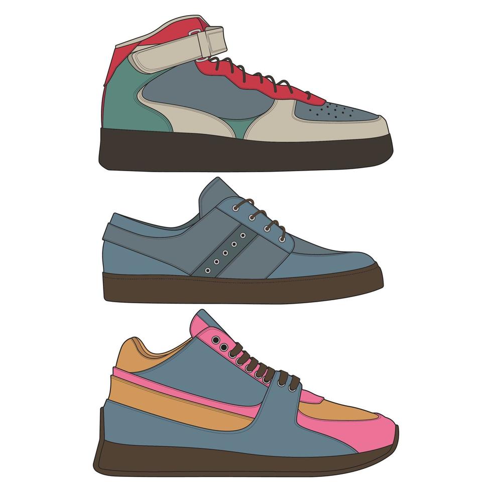 Satz coole Turnschuhe. Schuhe Sneaker Zeichnungsvektor, Turnschuhe in einem Skizzenstil gezeichnet, Sneaker-Trainer-Vorlage, Set-Kollektion. Vektor-Illustration. vektor