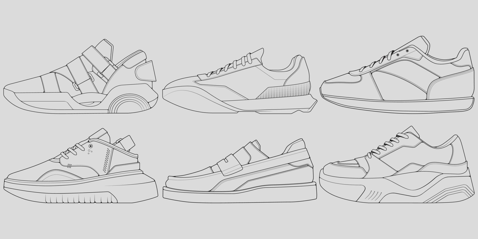 set med kontur coola sneakers. skor sneaker kontur ritning vektor, sneakers ritade i en skiss stil, sneaker utbildare mall kontur, uppsättning samling. vektor illustration.