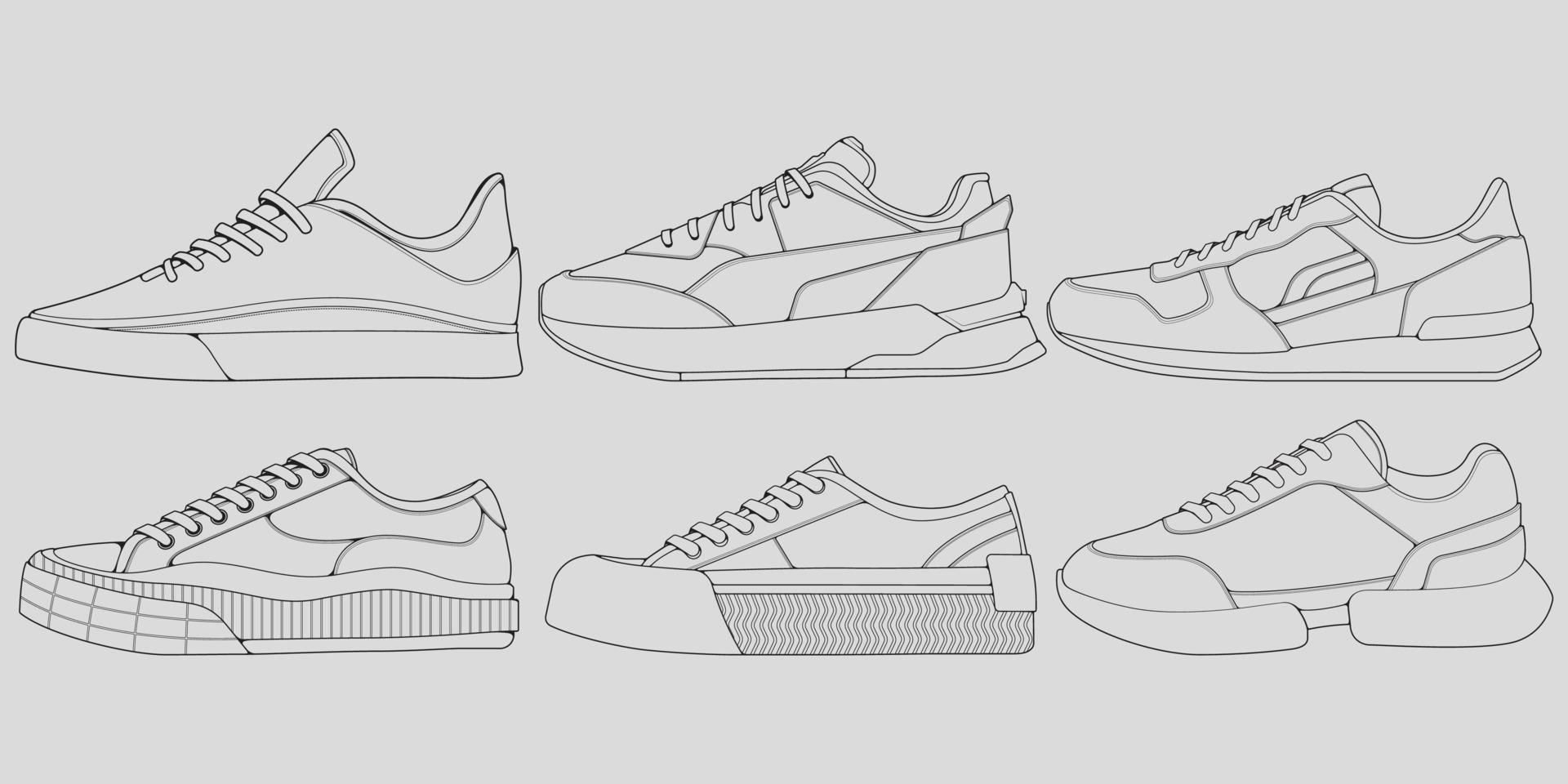 set med kontur coola sneakers. skor sneaker kontur ritning vektor, sneakers ritade i en skiss stil, sneaker utbildare mall kontur, uppsättning samling. vektor illustration.