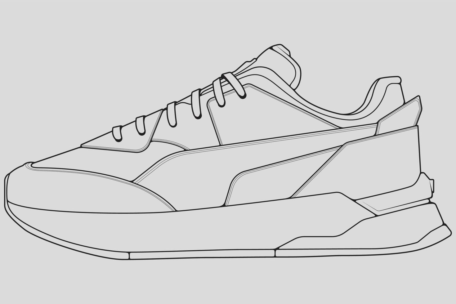 skor sneaker kontur ritning vektor, sneakers ritade i en skiss stil, svart linje sneaker utbildare mall kontur, vektor illustration.