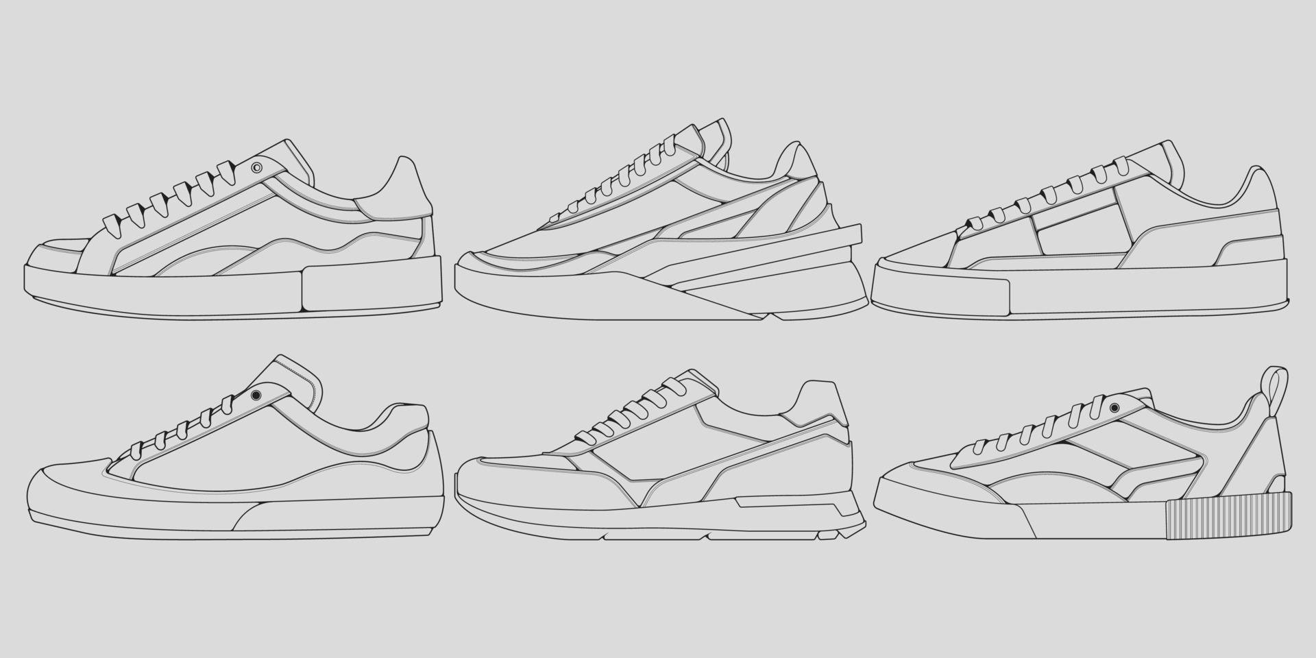 set med kontur coola sneakers. skor sneaker kontur ritning vektor, sneakers ritade i en skiss stil, sneaker utbildare mall kontur, uppsättning samling. vektor illustration.