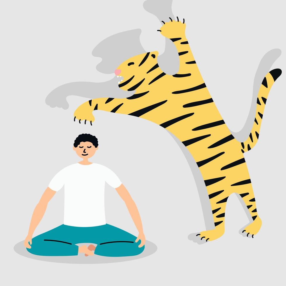 Bleiben Sie in jeder gefährlichen Situation ruhig. Tiger Angriff. Yoga. Metapher vektor